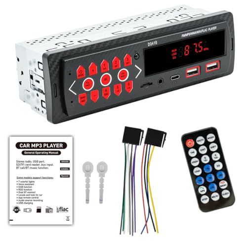 1Din カーステレオ 12V 車 MP3 プレーヤー Bluetooth FM レシーバー、2USB/AUX/TF/Type-C 配線保護ハンズフリー Bluetooth カーラジオ